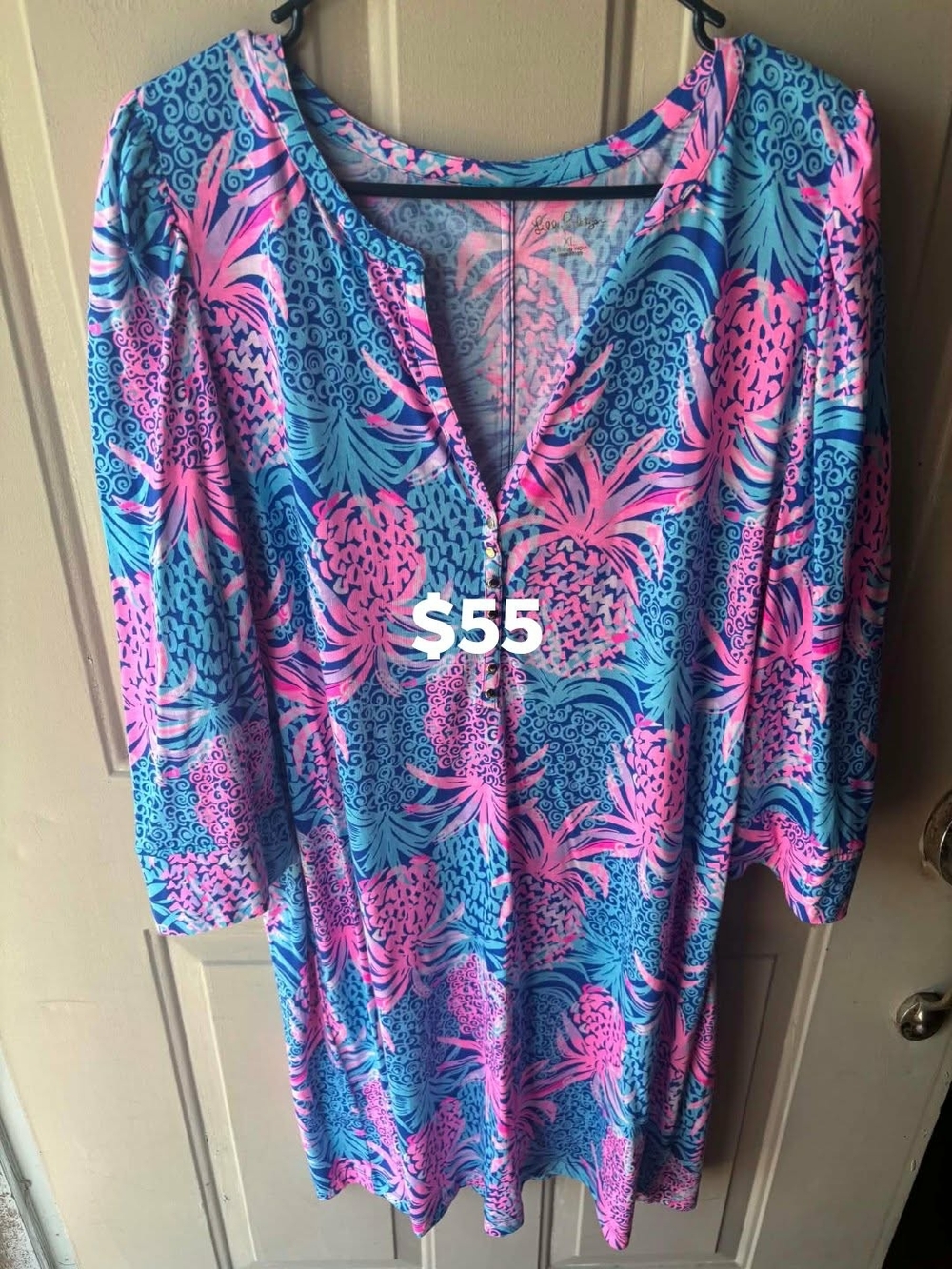 Lilly Pulitzer Vibrant Pink & Blue Tropical Print Tunic Dress Size Xl